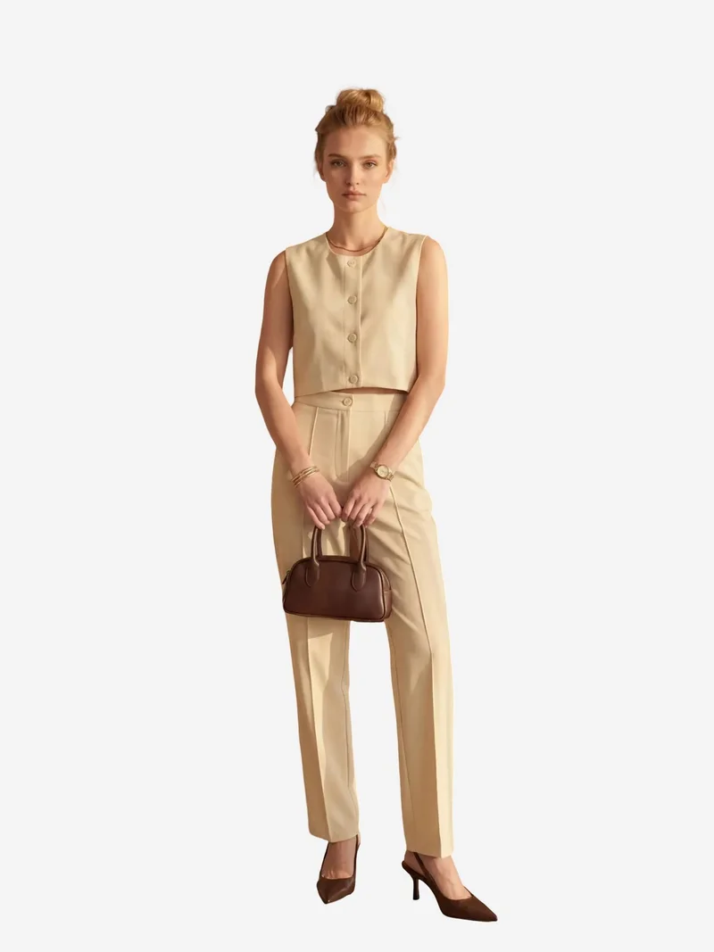 My Fashion Beige Natural MY FASHION Crew Neck Crop Vest & High Waist Pants Two-Piece Set for Women | Best Price UAE